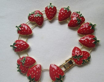 Strawberry Bracelet Enamel Gold Tone Charm Slide
