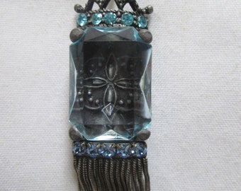 Art Deco Sterling Pewter Crystal Blue Fringe Pendant Necklace