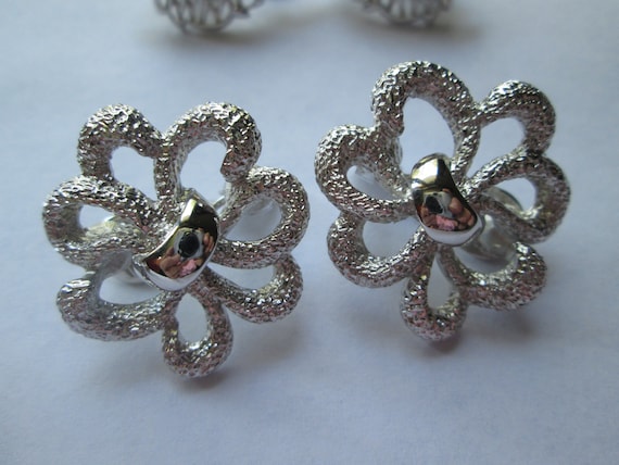 Monet Silver Tone Flower Clip Earrings - image 1