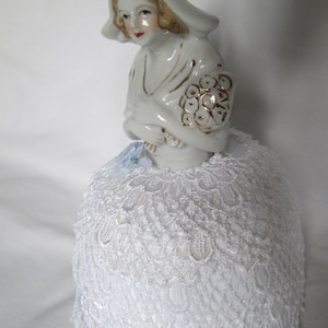 Porcelain Half Doll Pin Cushion White Lace Dress
