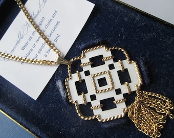 1970s Avon White Enamel Gold Tone Tassel Pendant Necklace in Box