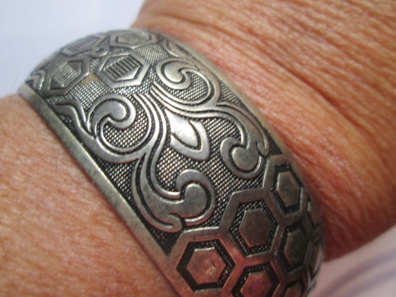 Vintage Chinese Silver Embossed Cuff Wide Bracelet - image 1