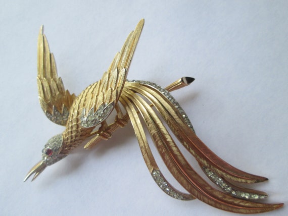 Large Crown Trifari Rhinestone Bird Of Paradise Br