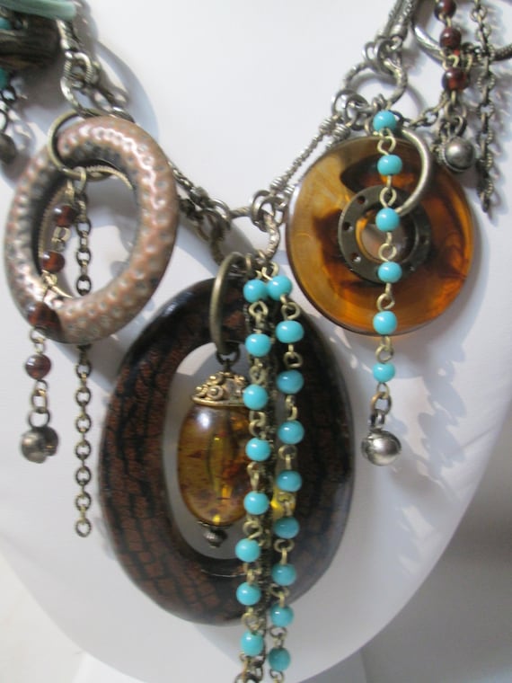 Brass Silver Tone Amber Turquoise Bead Drop Penda… - image 1