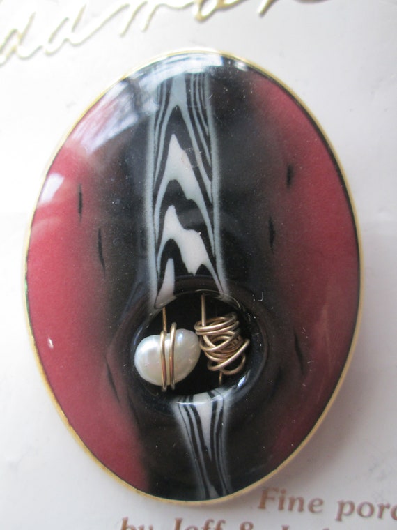 1990s Fine Porcelain Pearl 24k Gold Brooch By Good