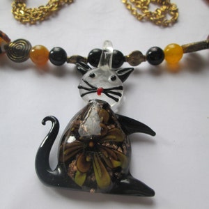 Halloween Blown Glass Cat Art Glass Bead Necklace
