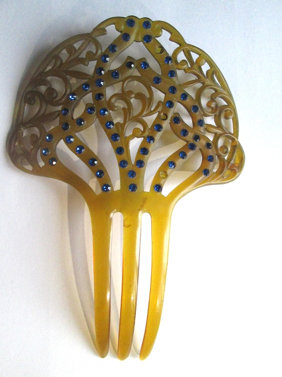Vintage Celluloid Blue Rhinestone Hair Comb - Etsy display picture 2