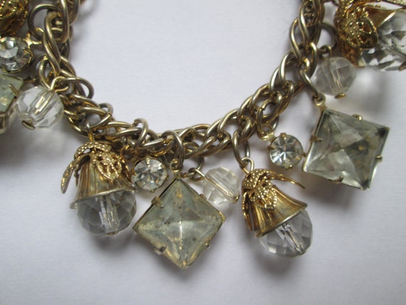1950s Gold Filigree Rhinestone Crystal Charm Brac… - image 1