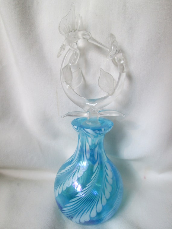 Art Glass Perfume Bottle Hummingbird Stopper Blue… - image 1