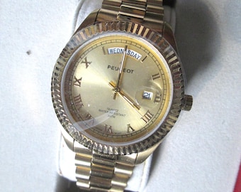 Peugeot Mens Watch Gold Stainless Steel Mint In Box