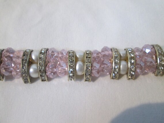 Vintage Pink Crystal Rhinestone Faux Pearl Bracel… - image 3