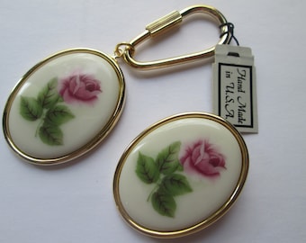 Cameo Rose Brooch Porcelain Key Chain SET