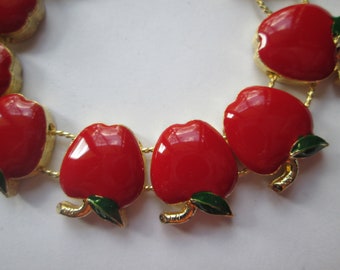 Cherry Red Enamel Apple Slide Charm Bracelet