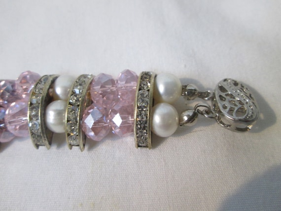 Vintage Pink Crystal Rhinestone Faux Pearl Bracel… - image 2