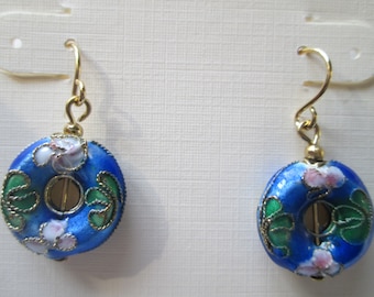Cloisonne Earrings Blue Dangle flower enamel