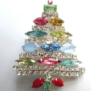 1980s KJL Kenneth Lane Christmas Tree Brooch Rhinestone