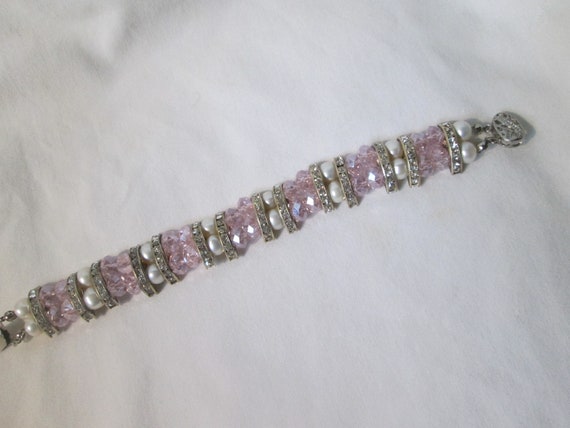 Vintage Pink Crystal Rhinestone Faux Pearl Bracel… - image 4
