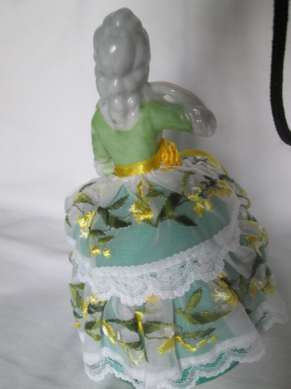 Porcelain Half Doll Pin Cushion Green Yellow Lace Dress