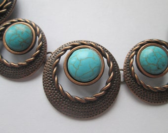 Copper Faux Turquoise Disk Link Necklace