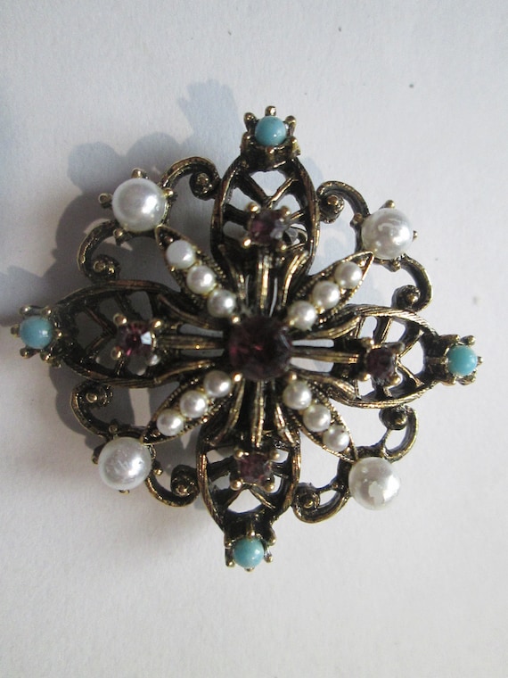 1950s Amethyst Rhinestone Seed Pearl Turquoise Pin