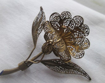 1930s Sterling Filigree Flower Lily Brooch