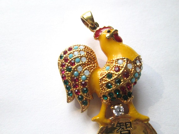 Zodiac Chinese Rooster Enamel Rhinestone Gold Plated Pendant
