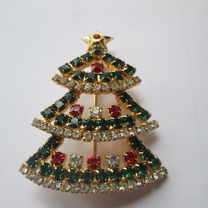 Prong Set Christmas Tree Brooch Gold Plated Rhinestones