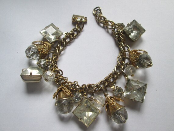 1950s Gold Filigree Rhinestone Crystal Charm Brac… - image 2
