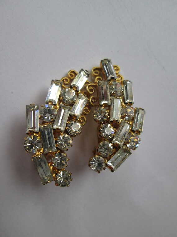 Clear Baguette Rhinestone Gold Plated Clip Earring
