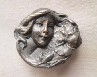 1800s Art Nouveau Lady Head Sterling Brooch Pin