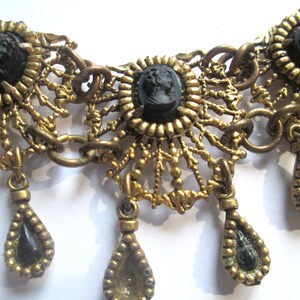 1930s Antique Brass Black Cameo Glass Dangle Bracelet