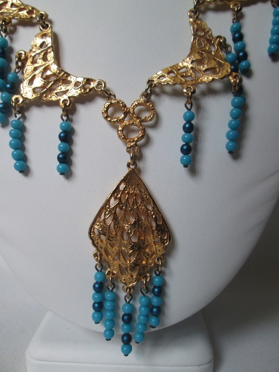 Egyptian Revival Gold Tone Blue Turquoise Drop Ne… - image 2