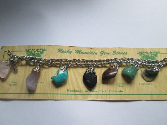 Vintage Gemstone Turquoise Onyx Charm Bracelet - image 2