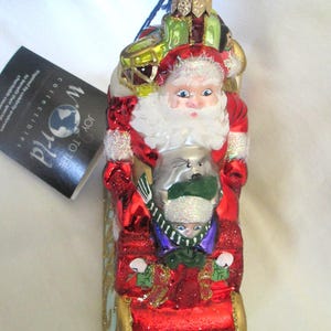 Vintage Glass Ornament Santa On Sleigh with Tag
