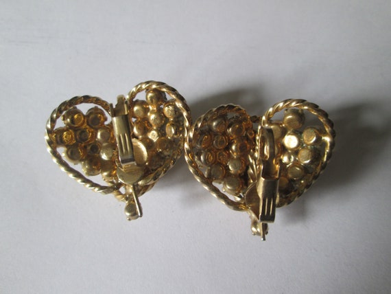 1950s Gold Tone Clear Rhinestone Heart Clip Earri… - image 2