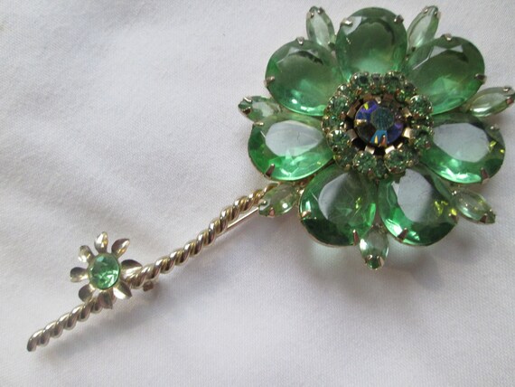 Juliana Open Back Flower Brooch Green Rhinestone G