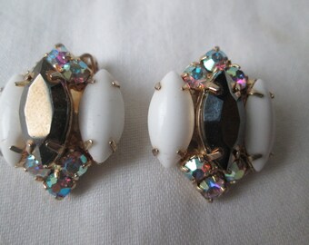 Weiss Milk Glass Rhinestone Clip Earrings