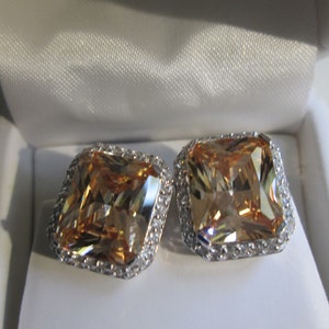 925 Sterling Champagne Topaz  CZ Earrings in box