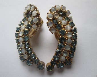 1950s Moonstone Blue Rhinestone Clip Earrings