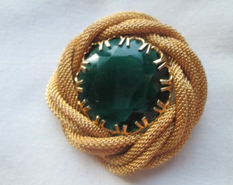 Hobe Mesh Gold Tone Green Rhinestone Brooch