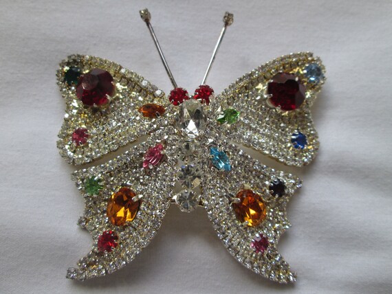 HUGE Rhinestone Butterfly Brooch Multi Colored - image 1