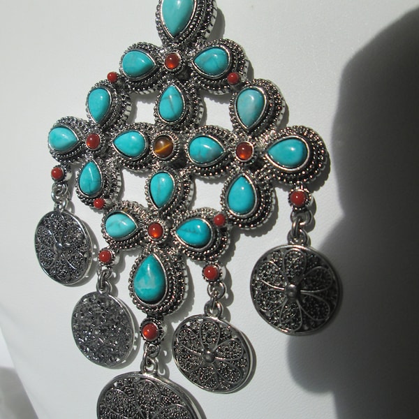 RJ Graziano Faux Turquoise Coral Silver Tone HUGE Pendant Necklace Earrings SET