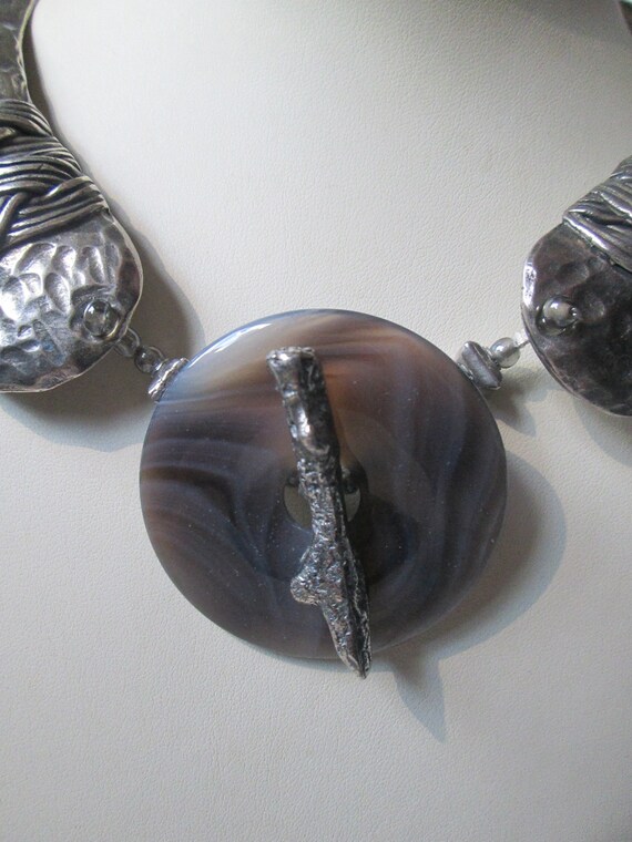 Signed Paris Hammered Silver Agate Brutalist Mode… - image 2