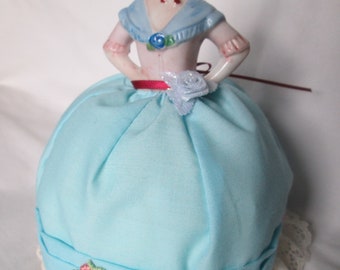 Porcelain Half Doll Pin Cushion Blue Dress With Lace