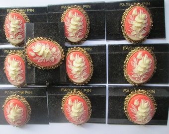 10pc Vintage Cameo Flower Brooch Lot