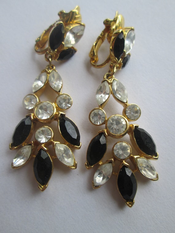 Signed Trifari Clear Black Dangle Drop Rhinestone… - image 2