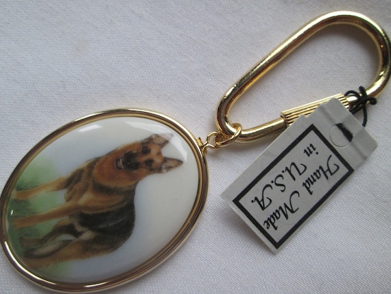 German Shepherd Dog Key Chain Porcelain Gold Tone - image 1
