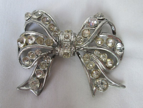 1930s Clear Rhinestone Pot Metal Large Bow Brooch