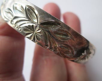 Chinese Silver Sterling Etched Adjustable Bangle Bracelet