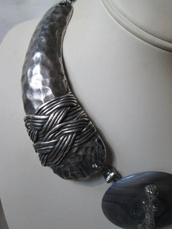 Signed Paris Hammered Silver Agate Brutalist Mode… - image 3